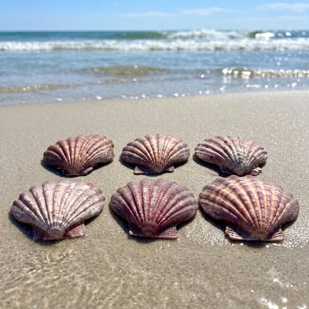 6pc Natural Atlantic Calico Scallop Shells Purple Pink Sea Shells Beach 4-5 Inch